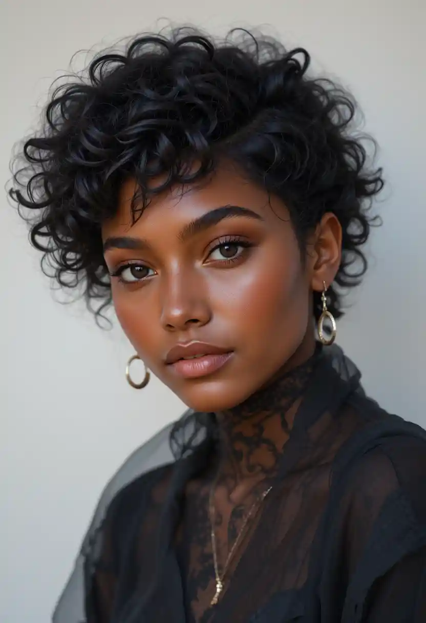 Black skinned Parisian woman with short curly hair portrait