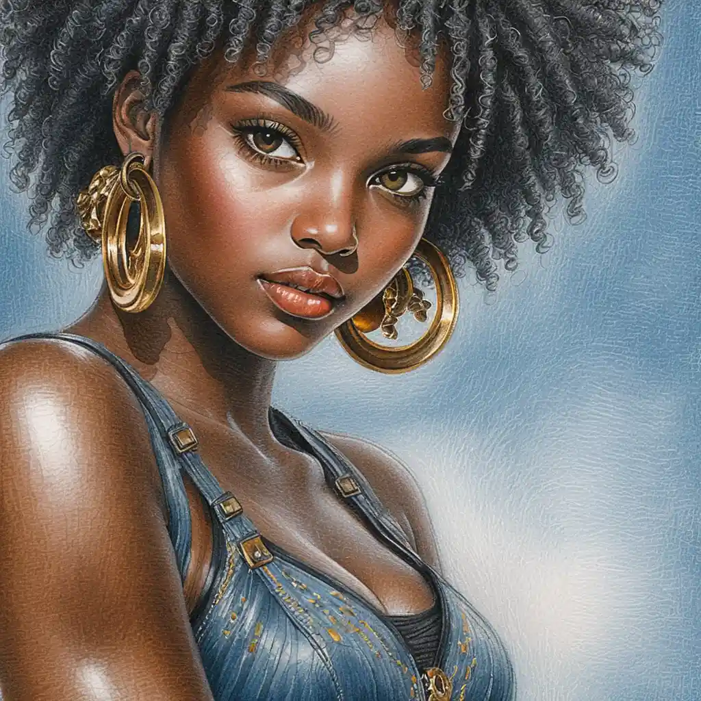 Confident black girl portrait with golden jewelry and halo