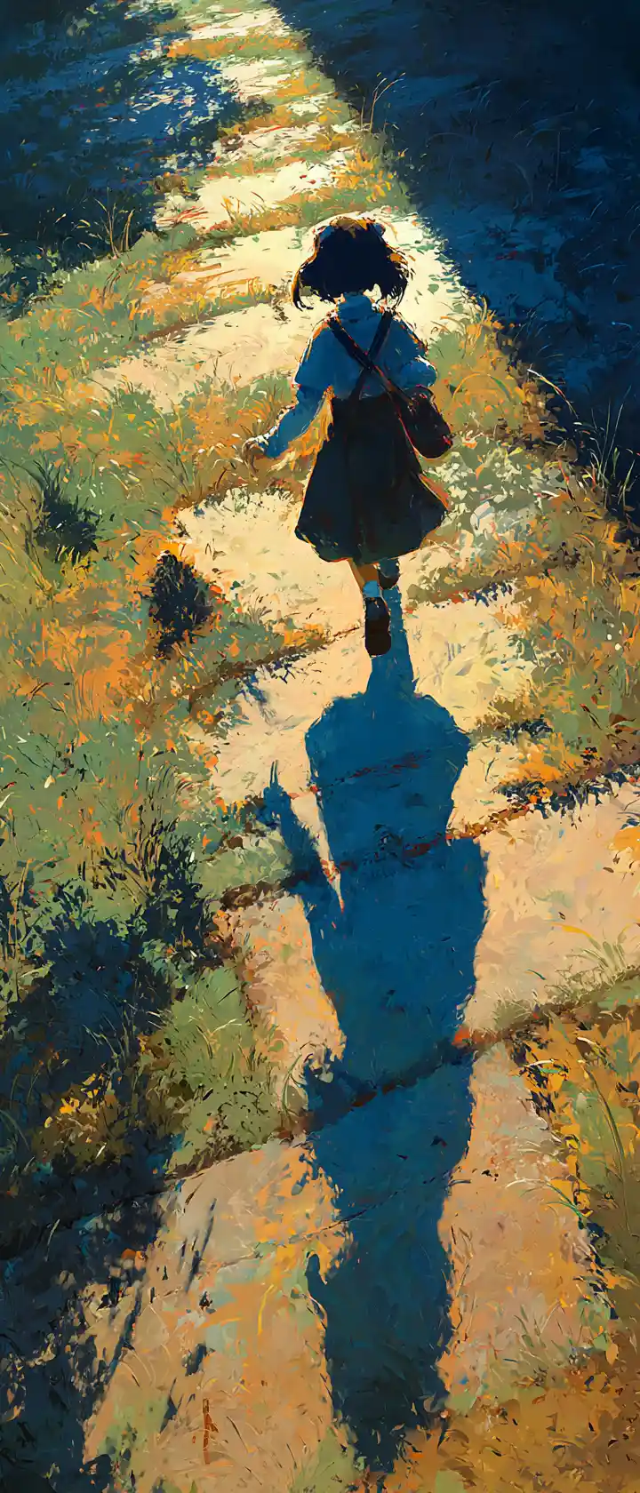 Anime girl running through a sunlit field with growing shadow