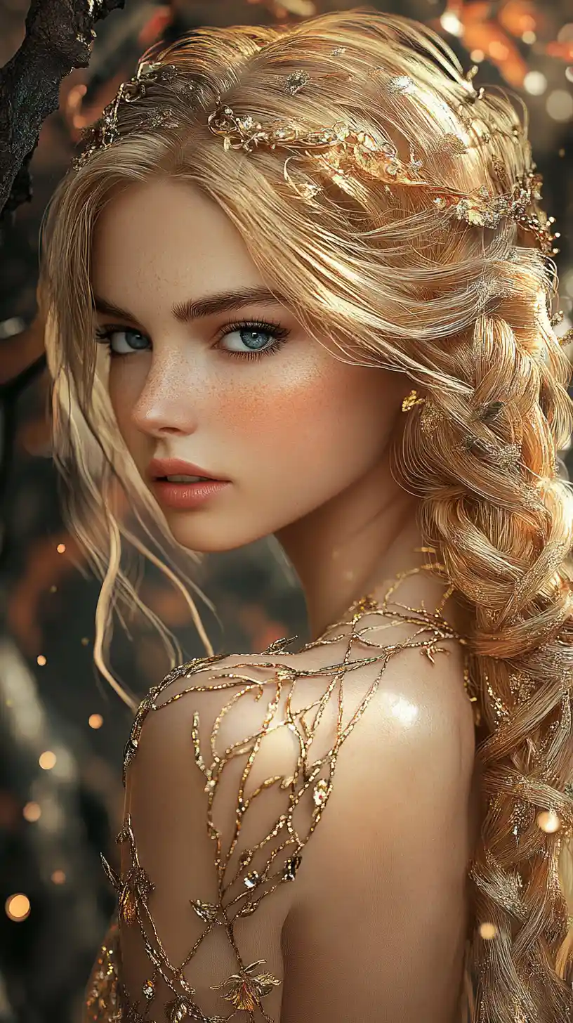 Golden haired fantasy woman in a glowing forest portrait