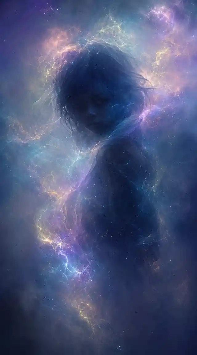 Mysterious Child Emerging From Iridescent Celestial Cloudscape
