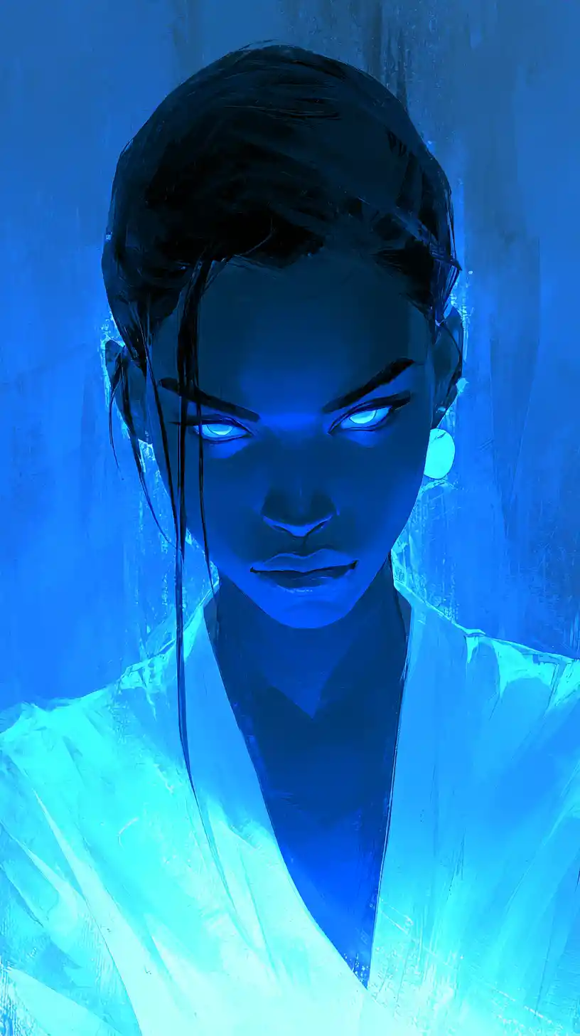 Mystical woman with glowing blue eyes in shadowed portrait
