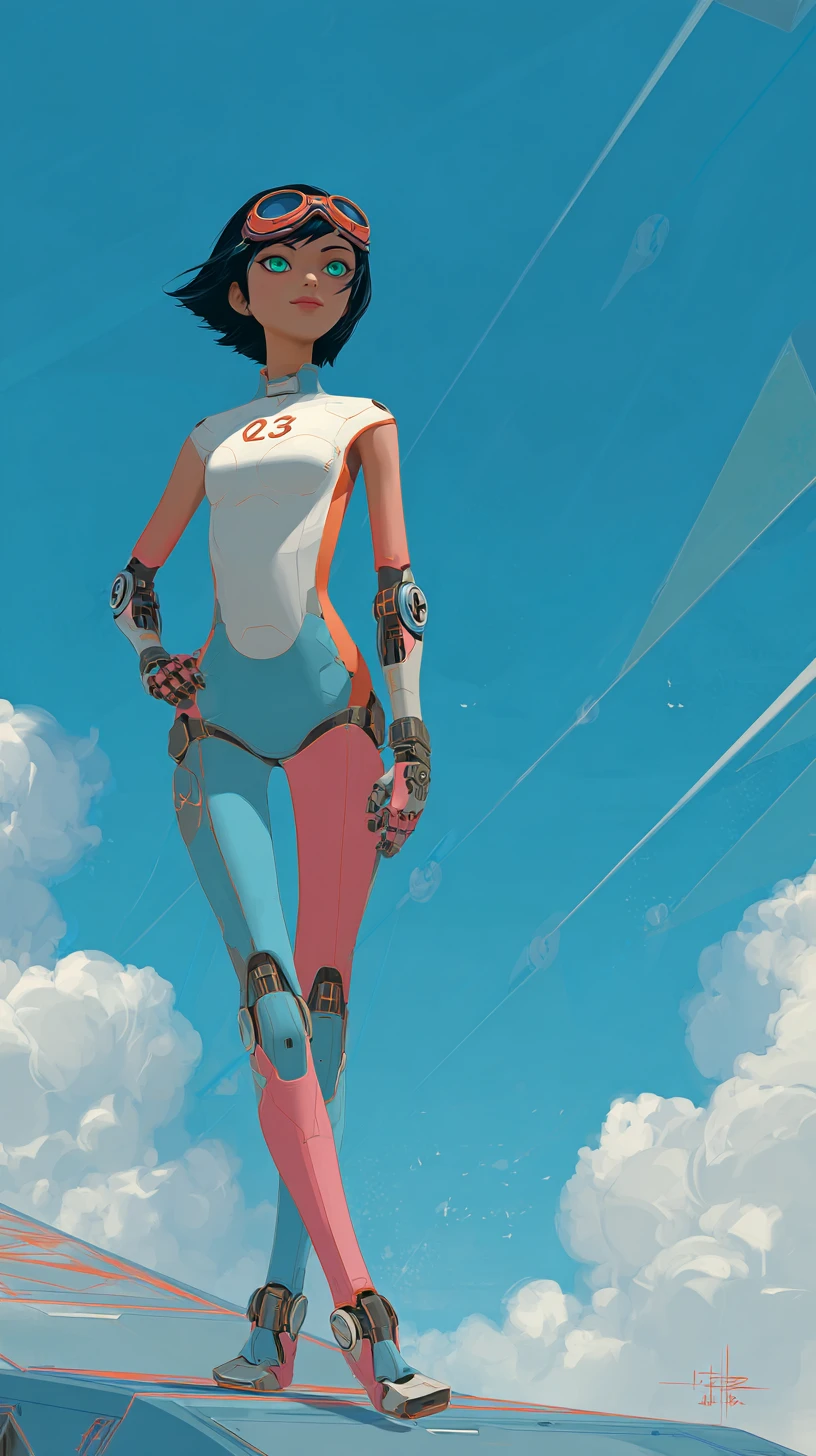Cyborg woman on floating platform above cerulean sky
