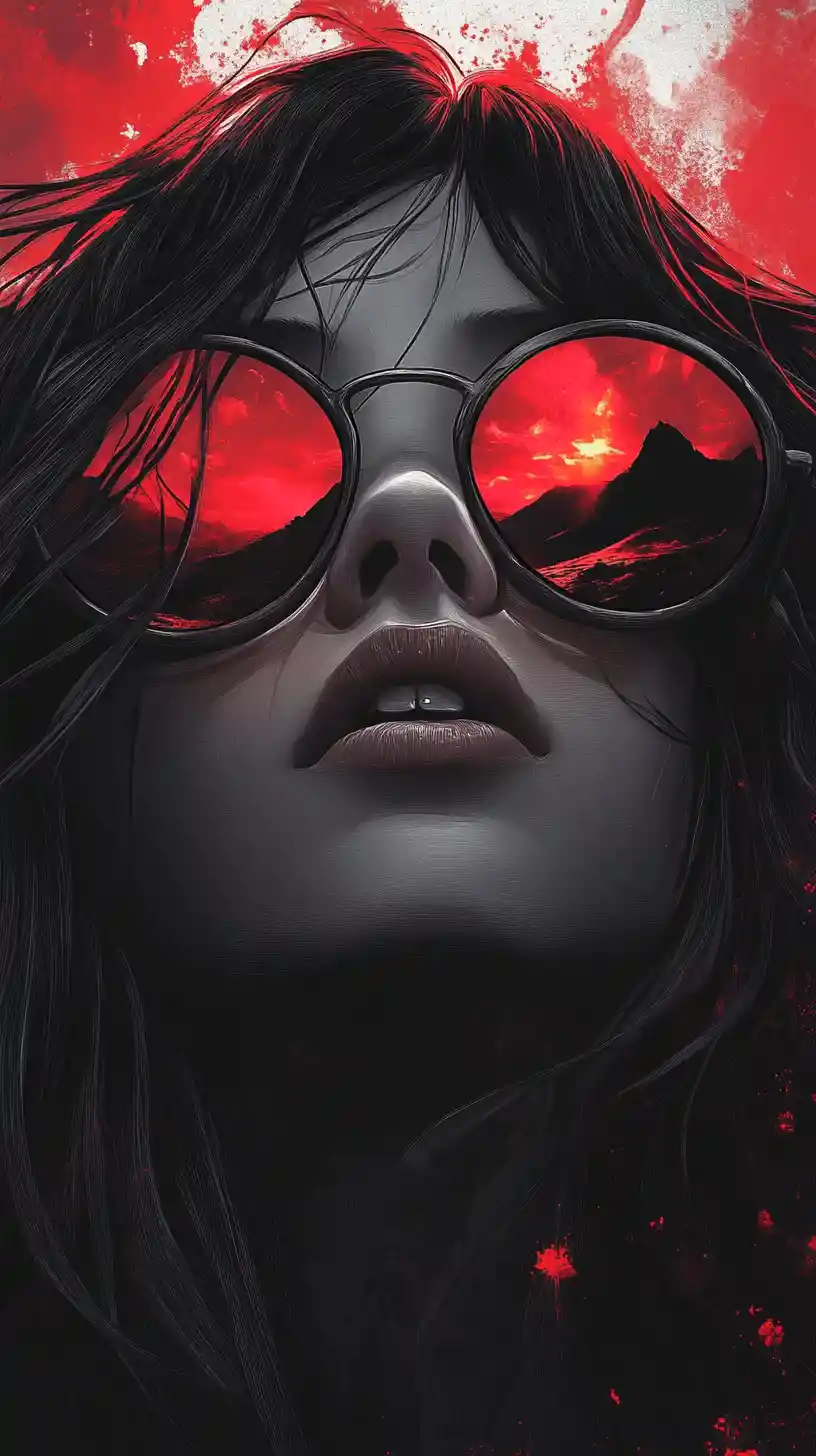 Grayscale girl with reflective sunglasses and fiery mountain vision