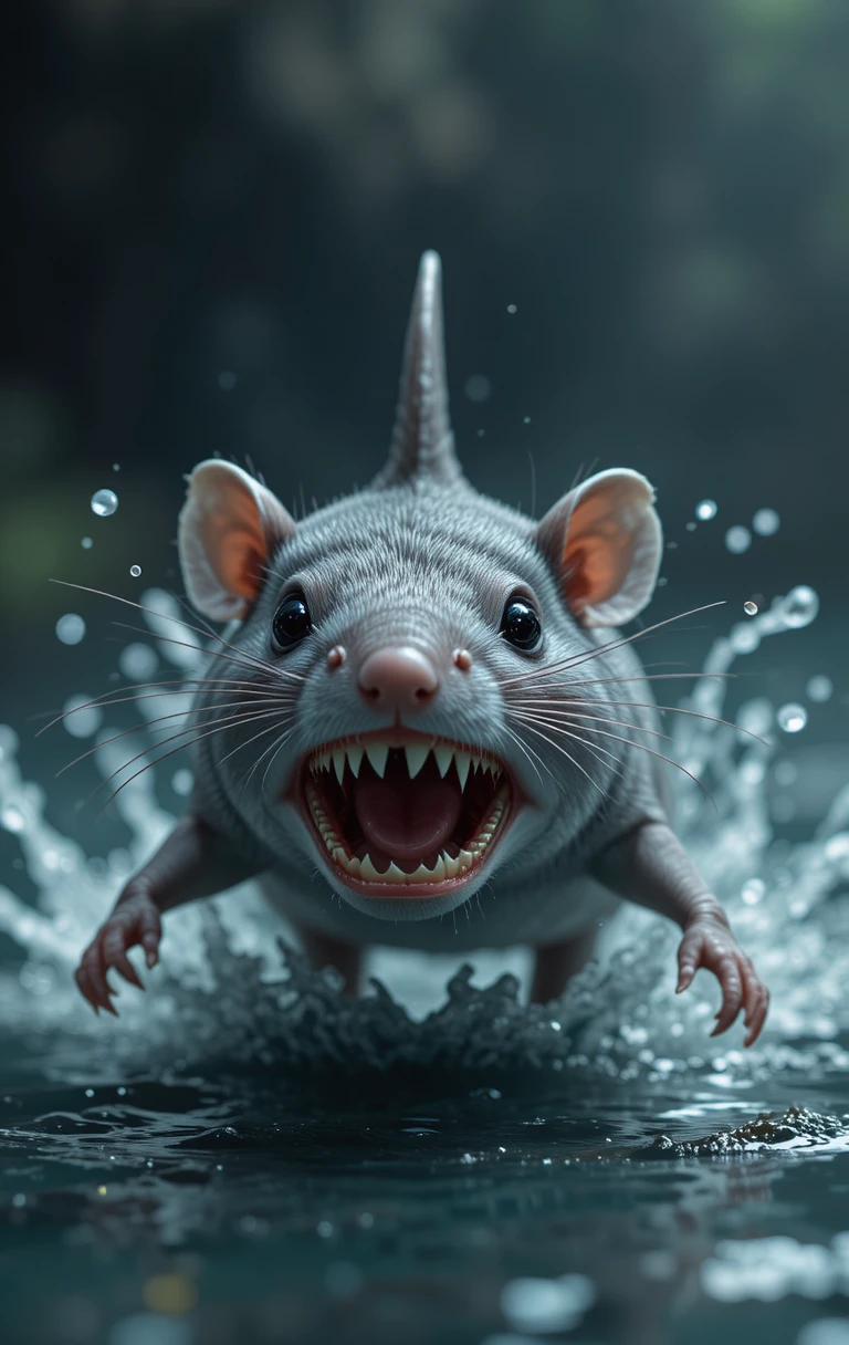 Grey mouse with shark fin swimming menacingly on open water