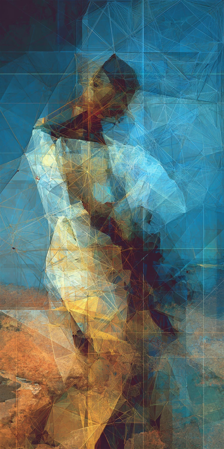 Solitary figure resting in indigo and golden abstract twilight