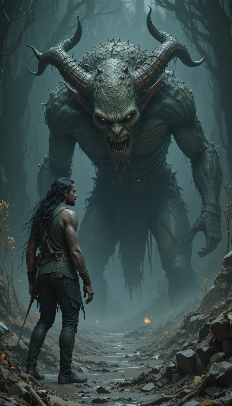 Terrified tiefling faces a grotesque troll in decay