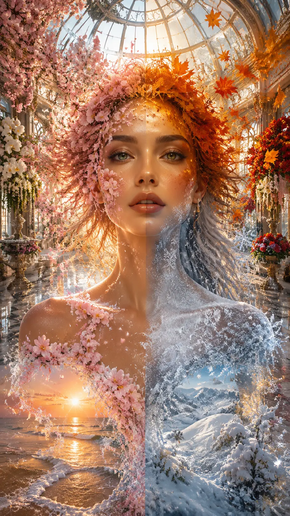 Cinematic portrait of a woman as the four changing seasons