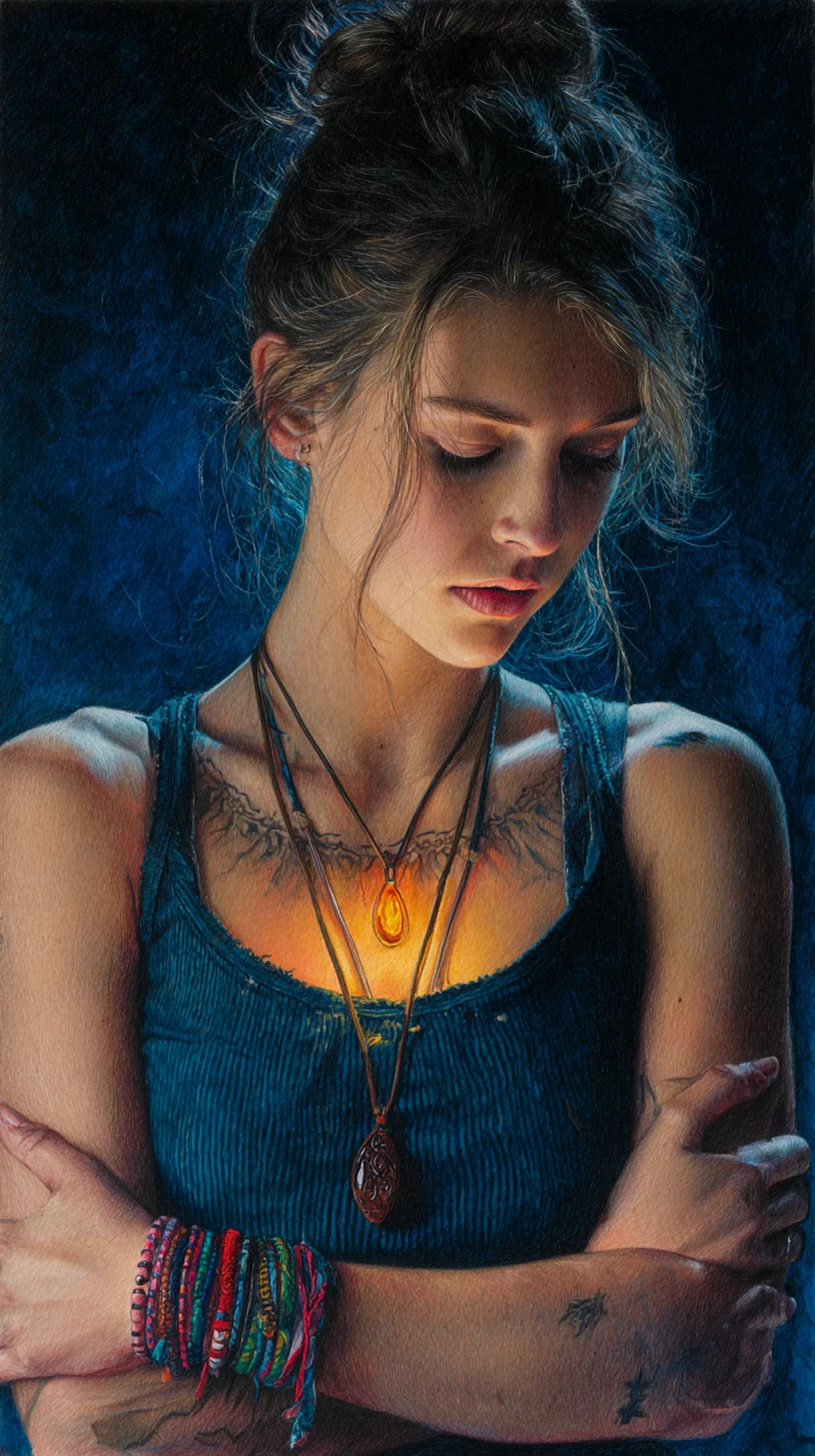 Contemplative woman lit by glowing amber pendant light