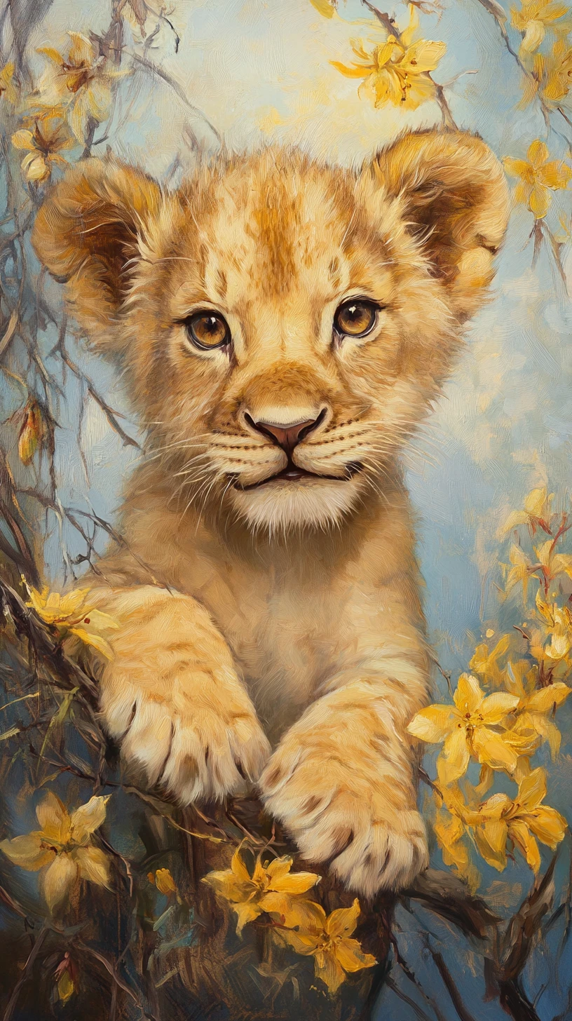 Enchanting lion cub with sparkling hazel eyes in fantasy art