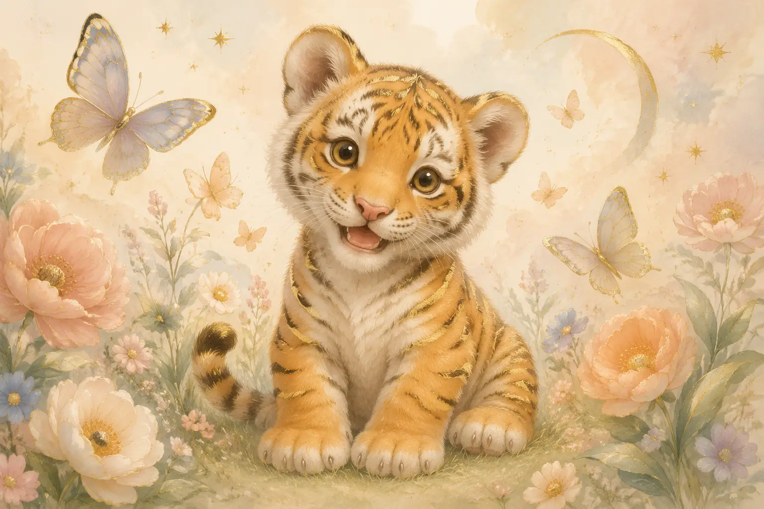柔和童趣插畫中的可愛小虎與蝴蝶