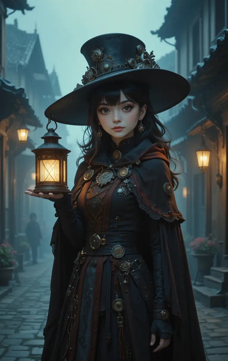 Donna steampunk con lanterna in una strada medievale avvolta nella nebbia