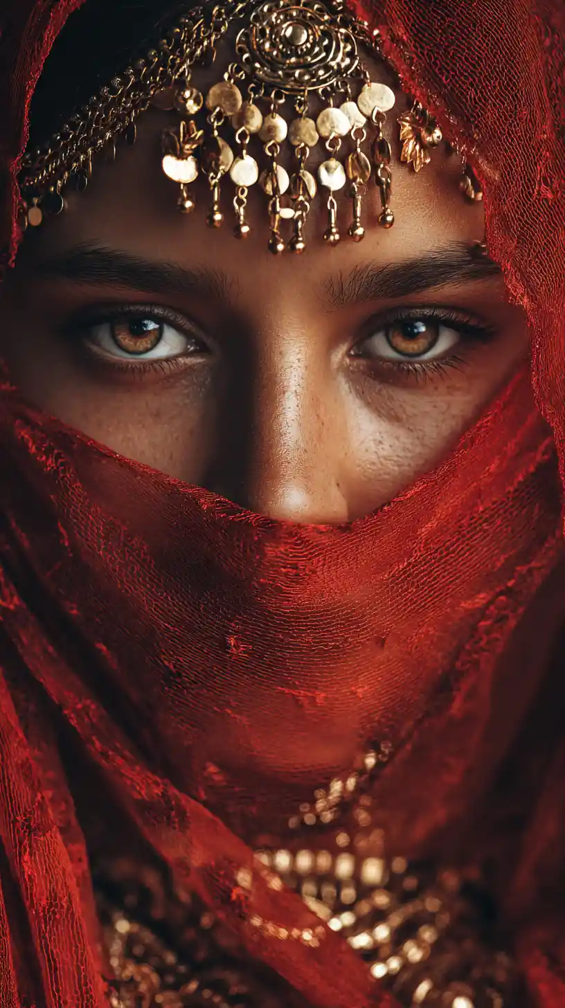 Mysterious veiled Indian woman with gold jewelry portrait