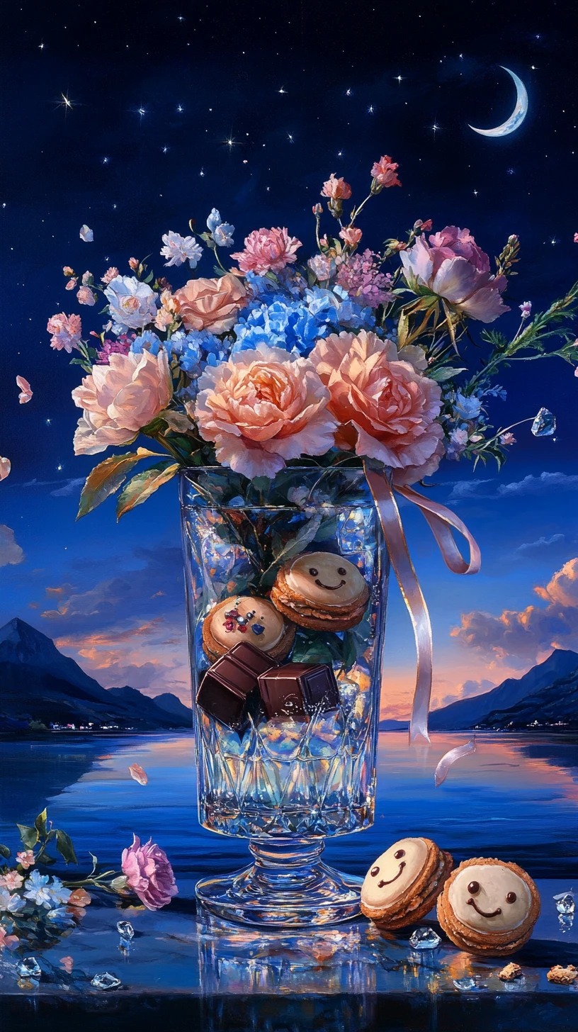 Floral dessert arrangement in crystal glass before mountain sea