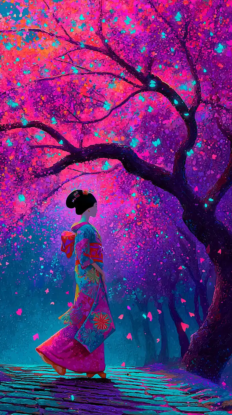 Neon geisha walking under glowing cherry blossom tree