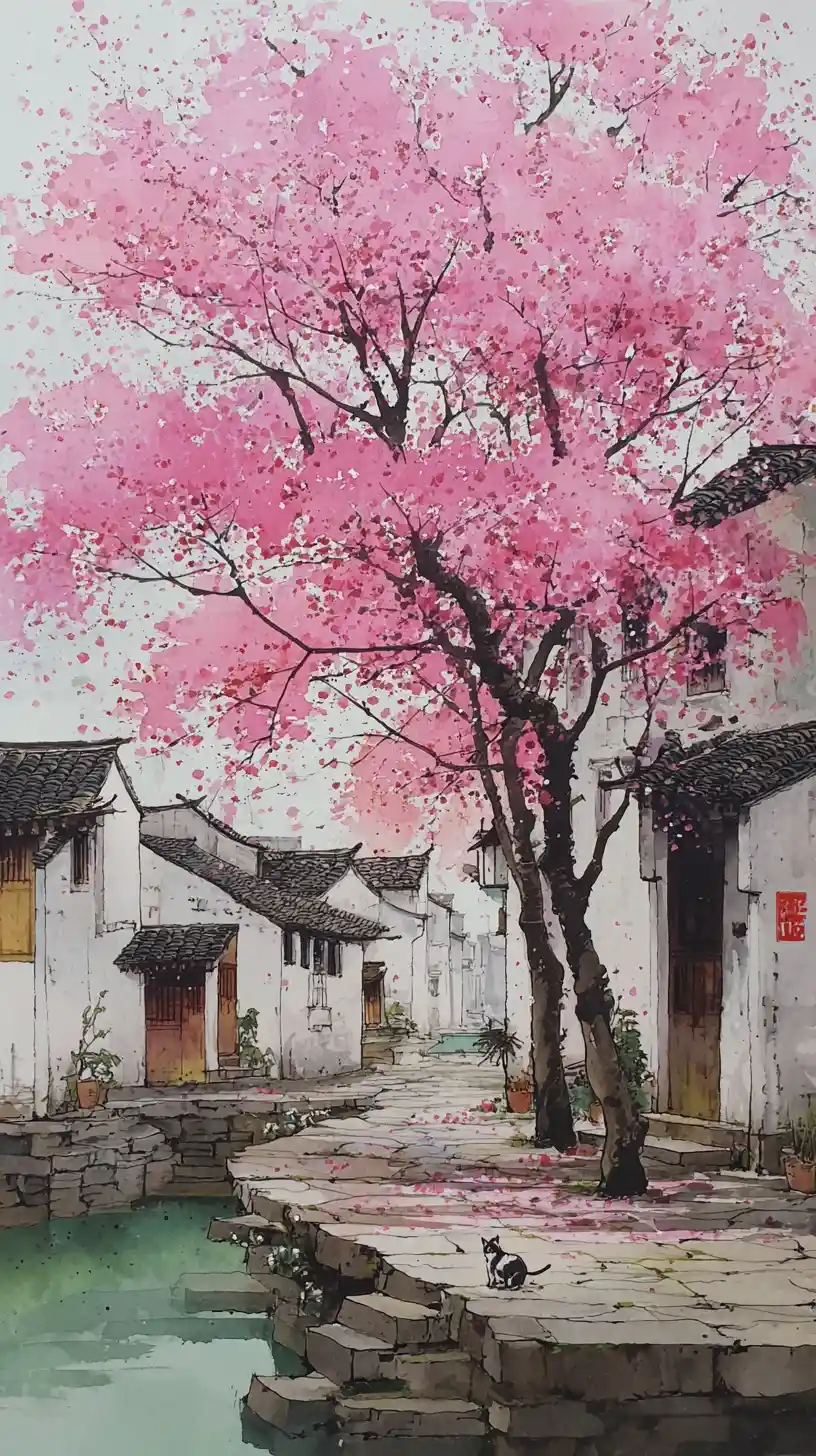 Fiori di primavera su una tranquilla piazza di un villaggio cinese