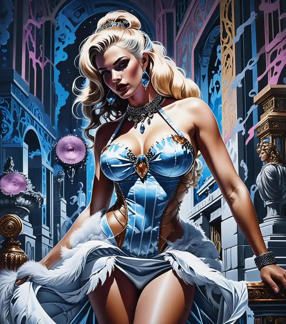 Glamorous blonde woman in a mythical cloud temple city