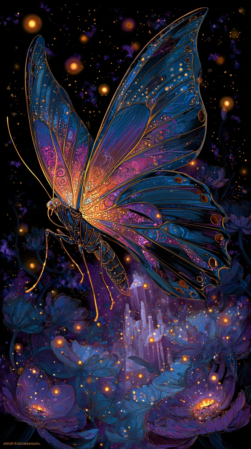 Glowing Butterfly Floating Through A Celestial Night Sky