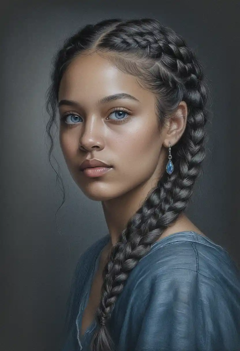 Young woman portrait with braids and dramatic chiaroscuro