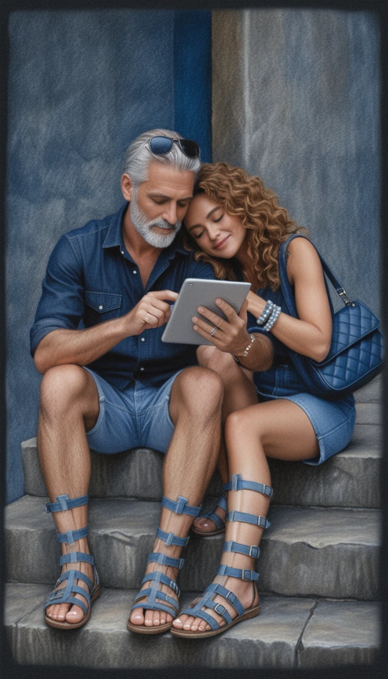Tender couple on stone steps in colored pencil drawing
