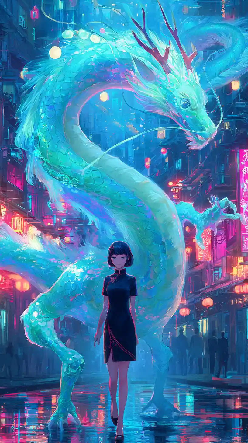 Chinese dragon and guardian woman in neon cyberpunk street