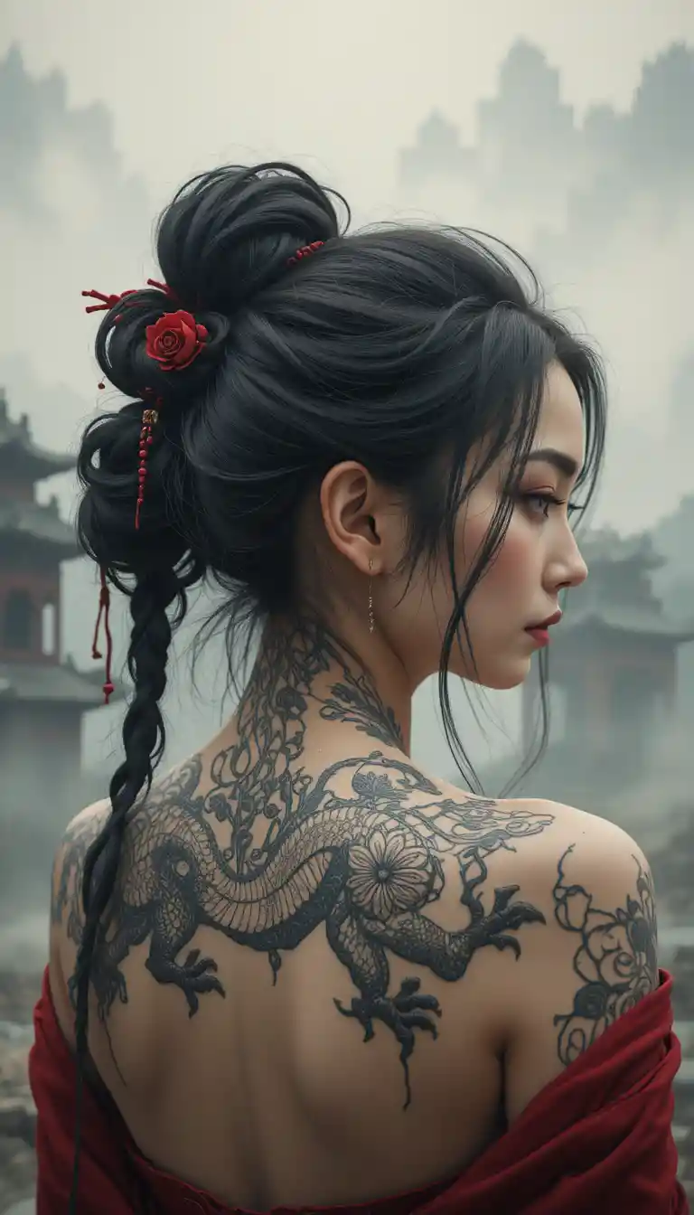 Asian woman with dragon tattoo and bound hands at temple