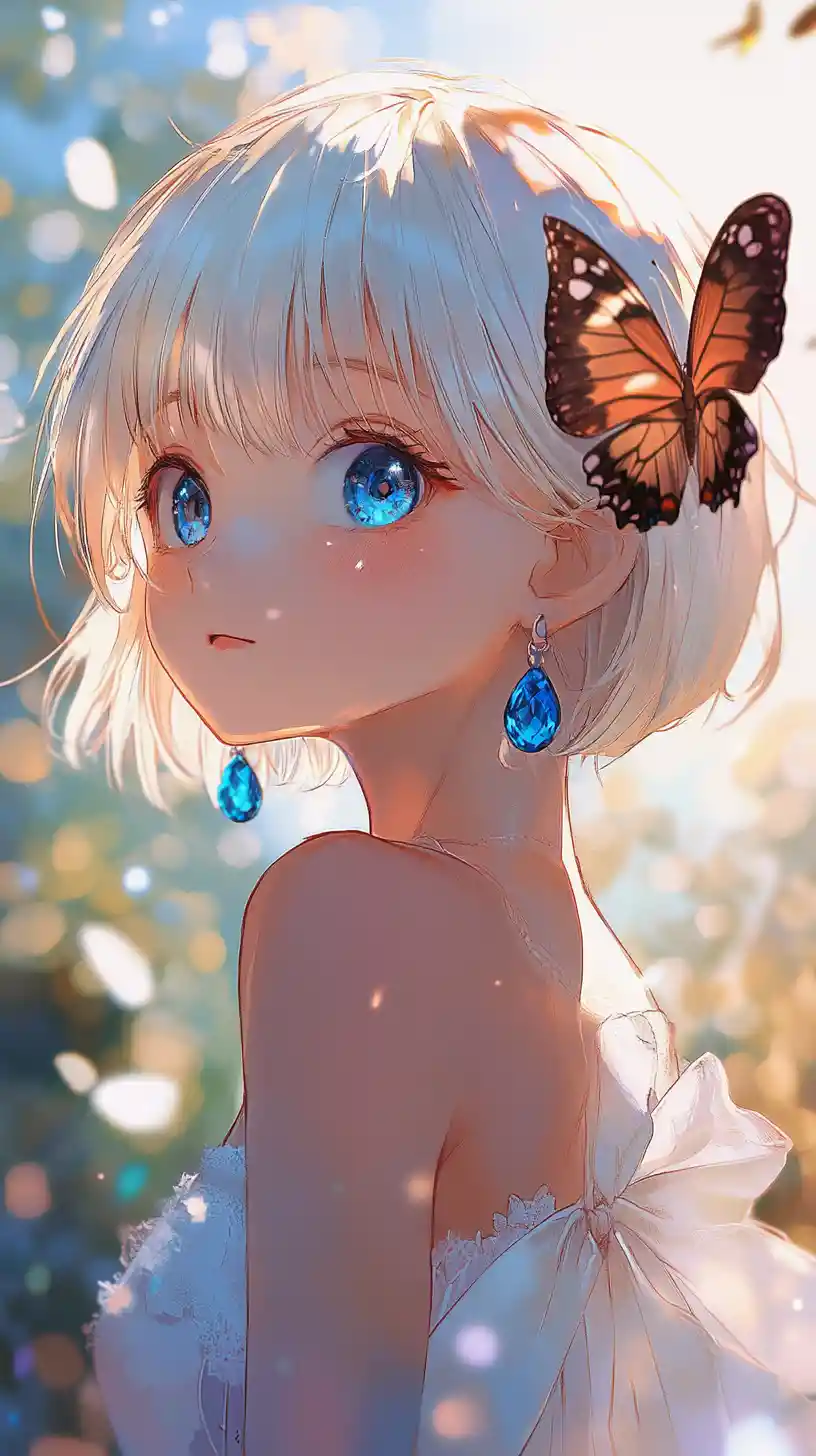 Anime girl with butterfly in soft close up portrait