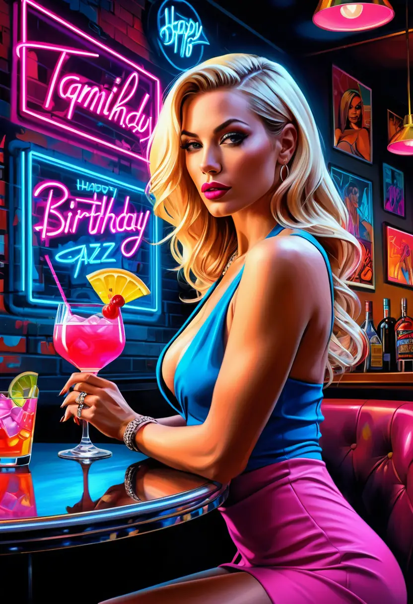 Blonde woman celebrating her birthday in neon cocktail lounge