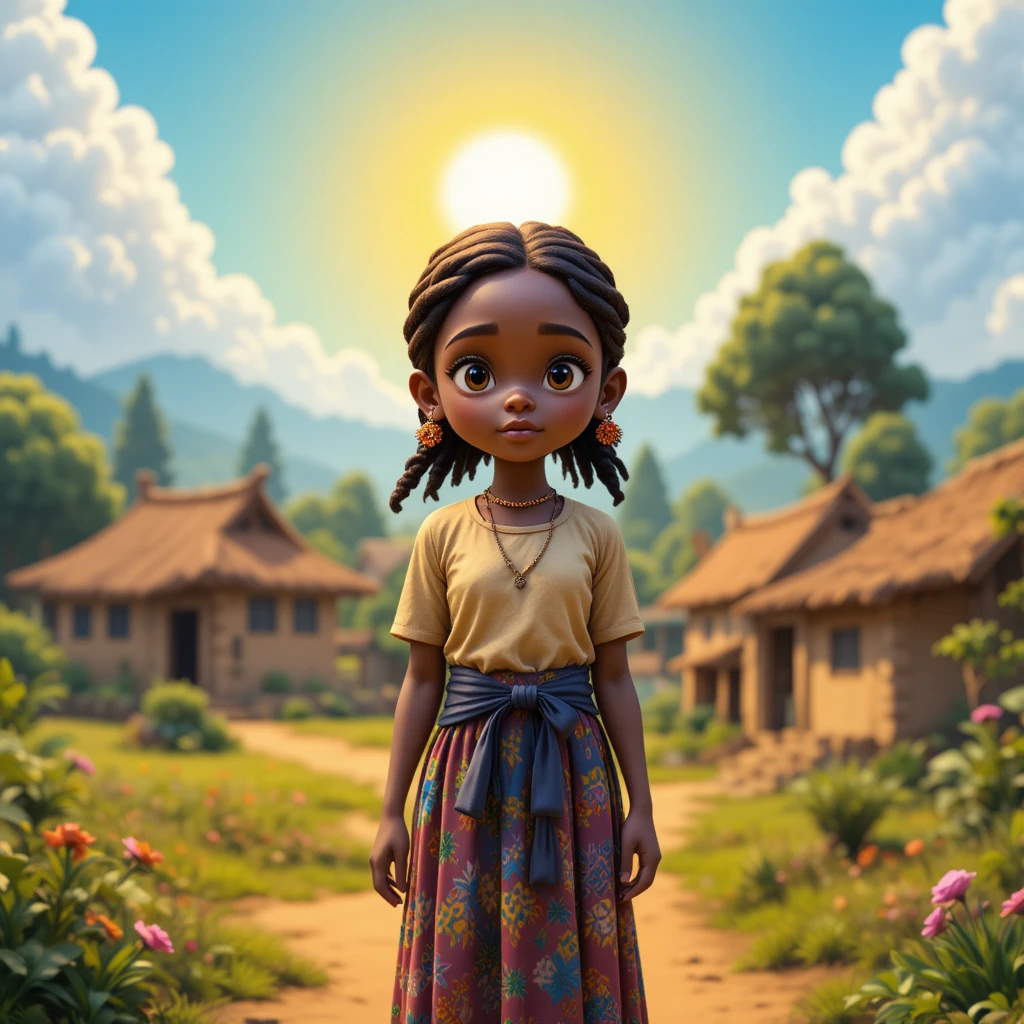 Young Malawian girl in a sunlit pixel art village