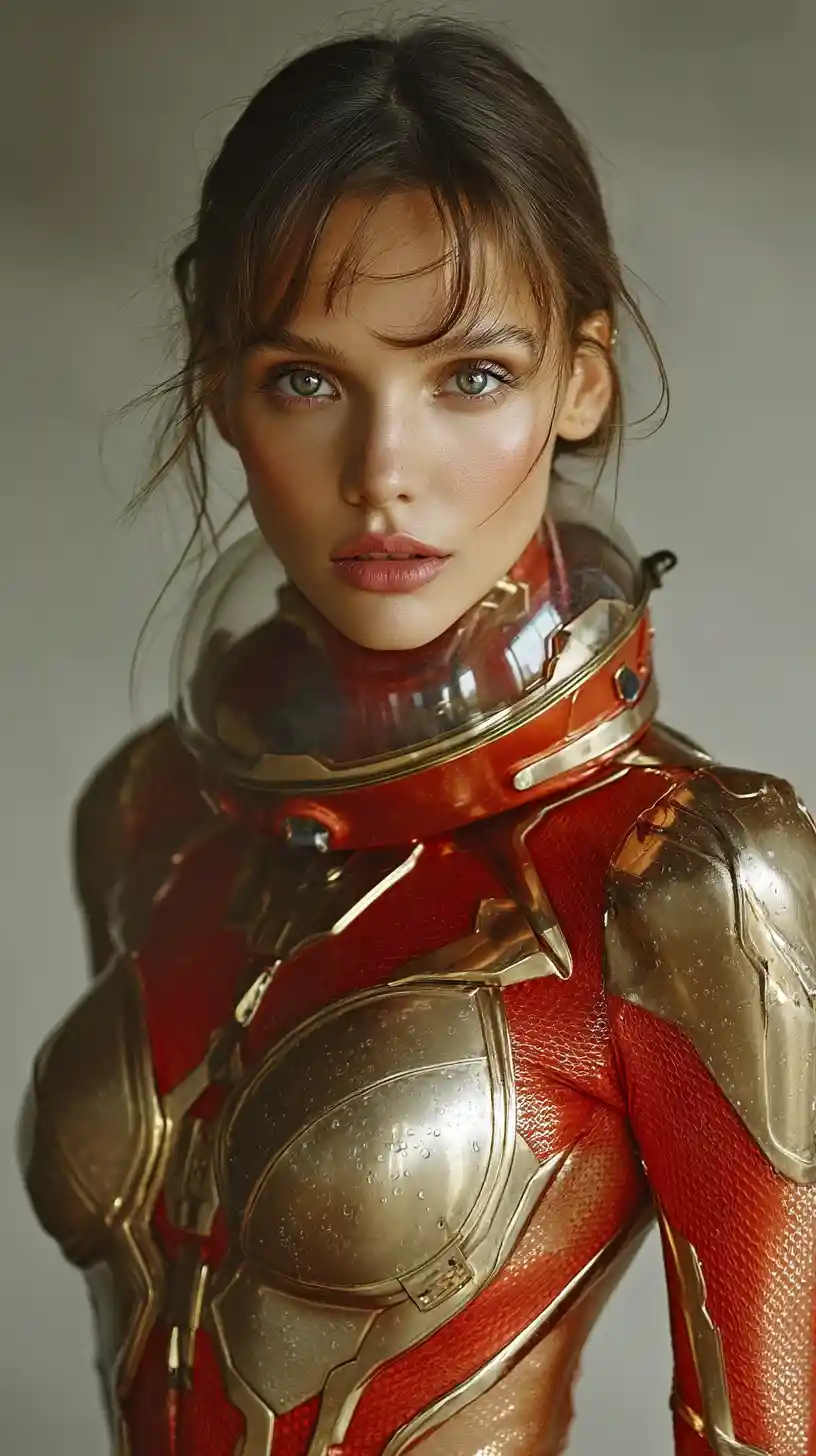 Athletic woman in gold latex suit on alien desert
