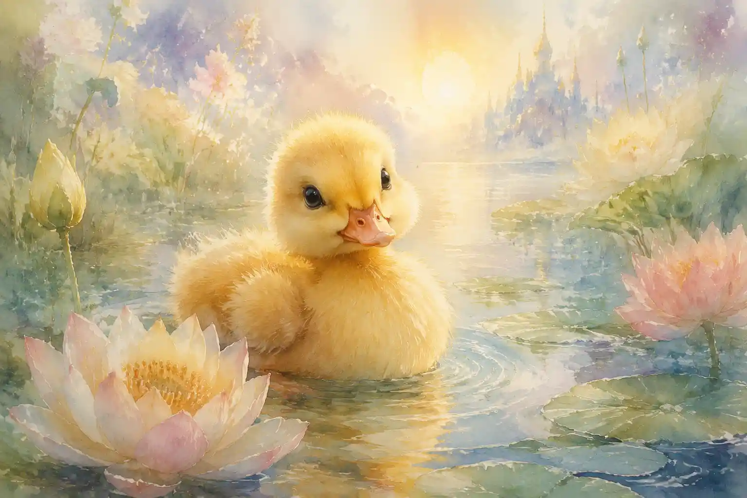Cute baby duckling in a soft watercolor pond scene