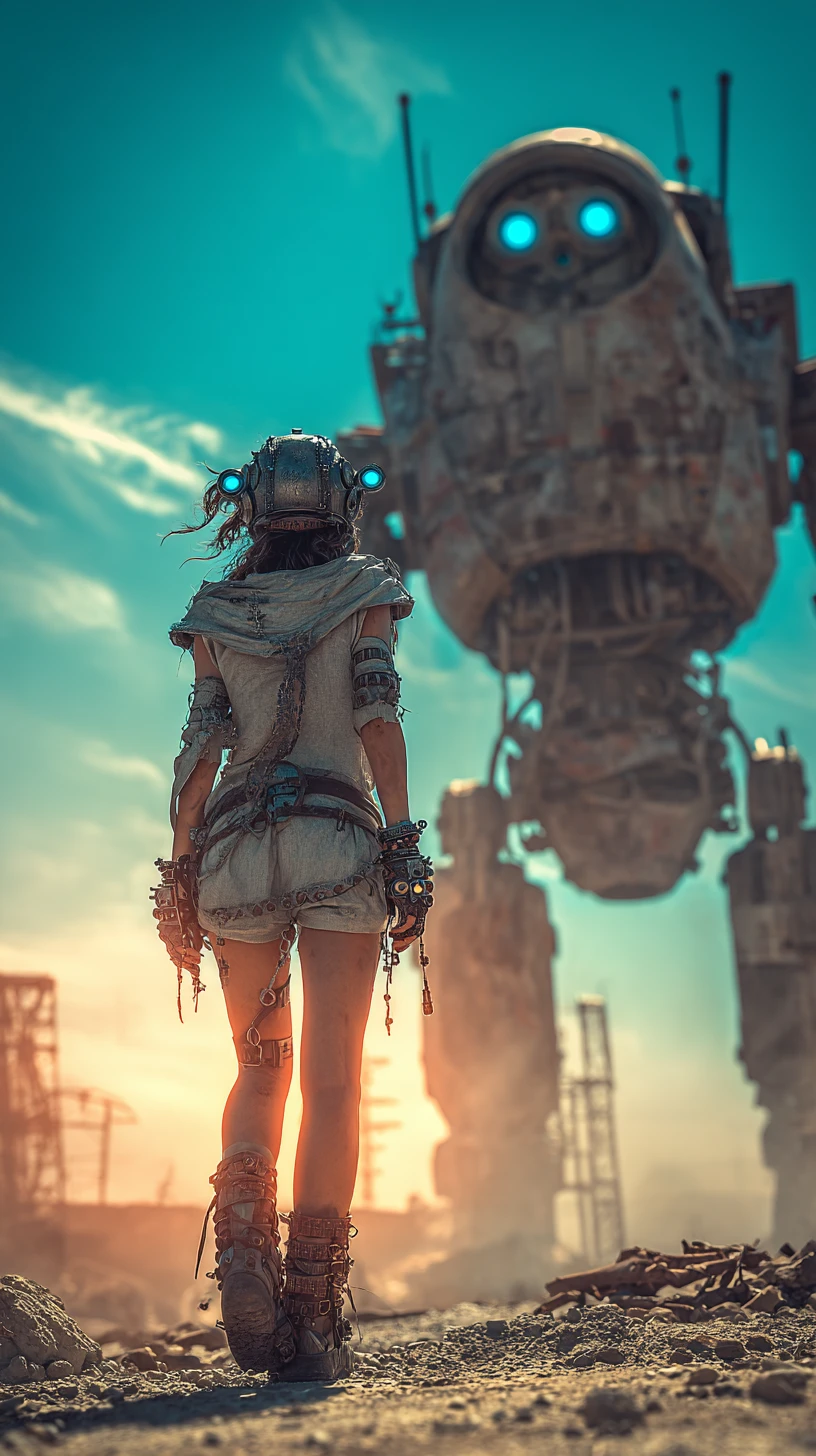 Young woman in armor under a ruined robot city sky