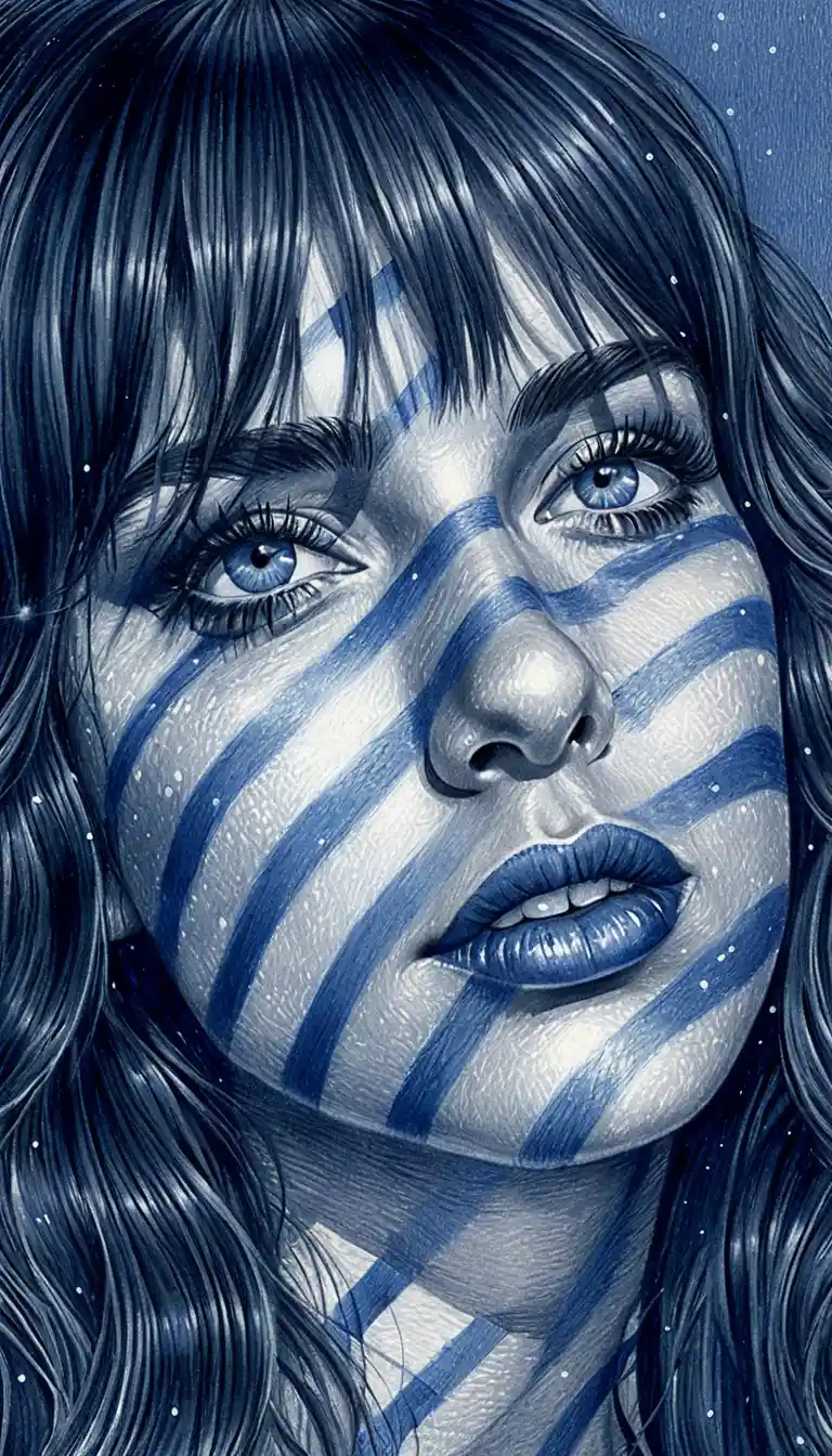 Blue pencil portrait of girl in striped shadow light