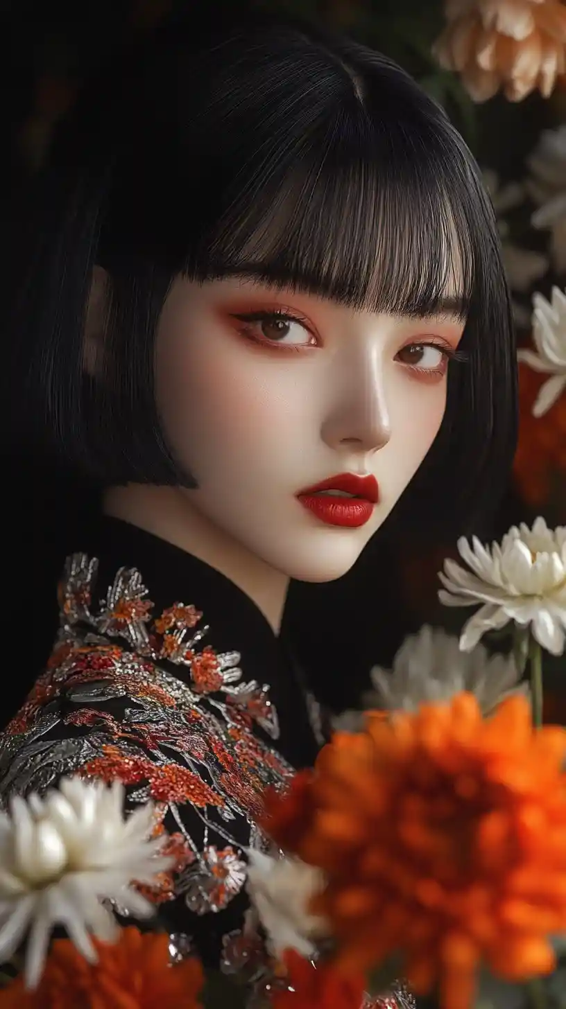 Anime woman with black bob and floral foreground portrait