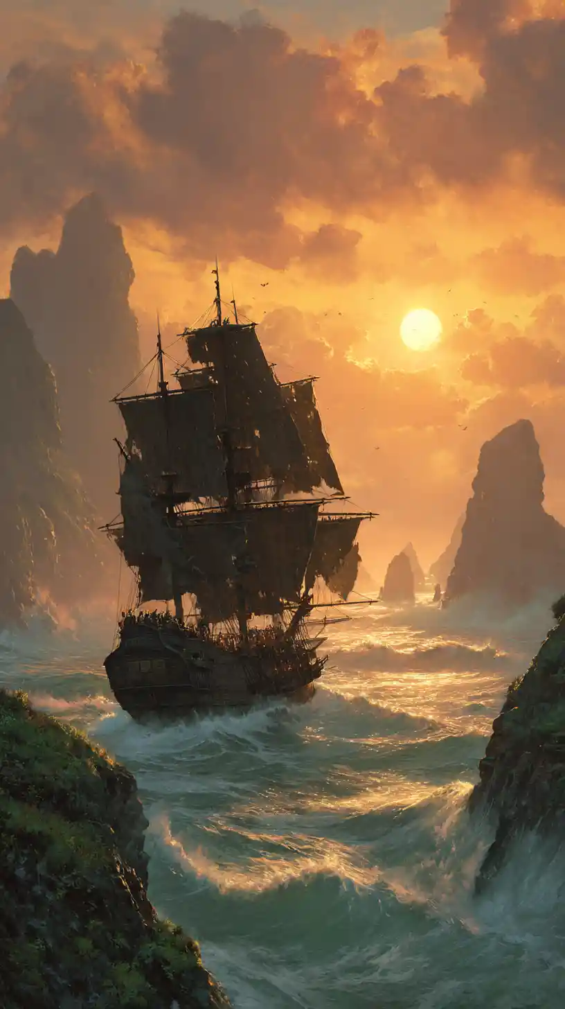 Pirate ship charging through stormy sunset seascape
