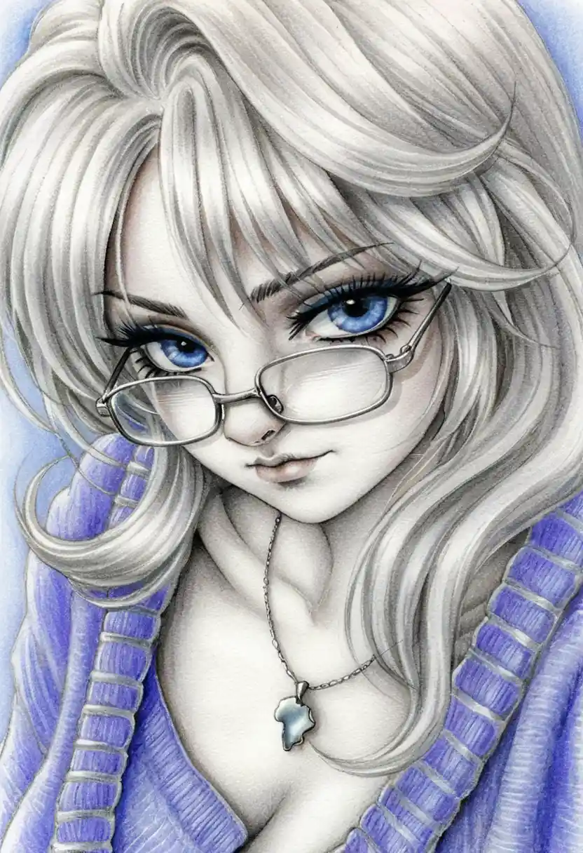 Woman with silver hair and glasses in pencil portrait