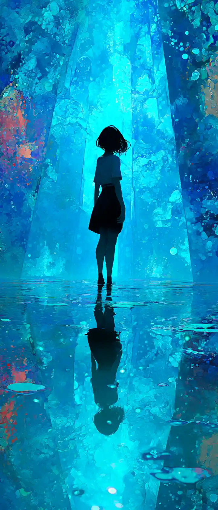 Anime girl at the edge of a surreal mirror dimension