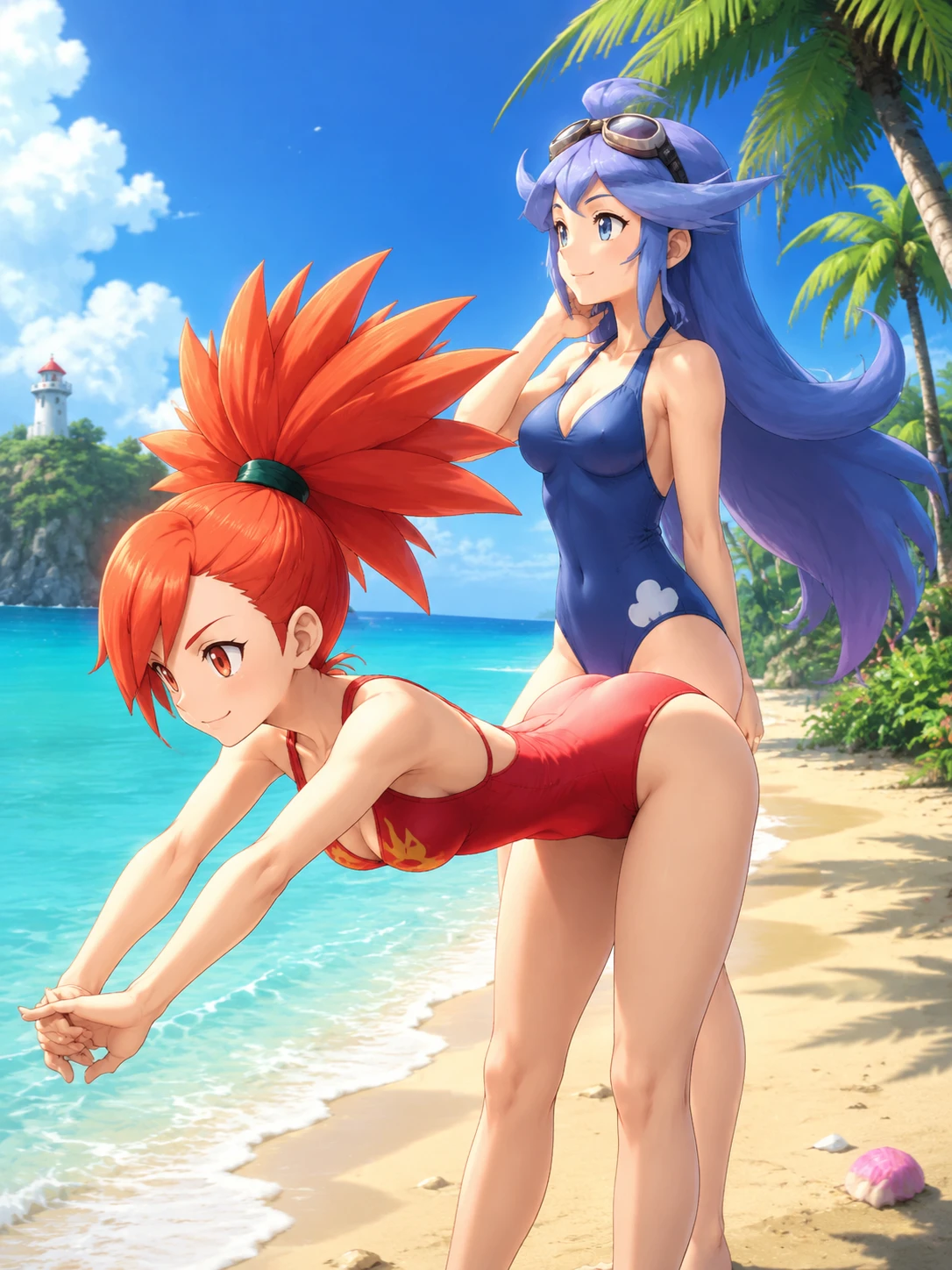 Two Pokemon heroines stretching on a sunny Hoenn beach