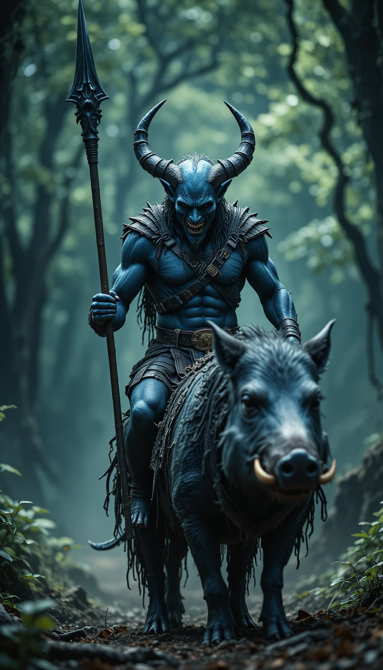 Demonic rider on a giant boar with a tri tipped spear