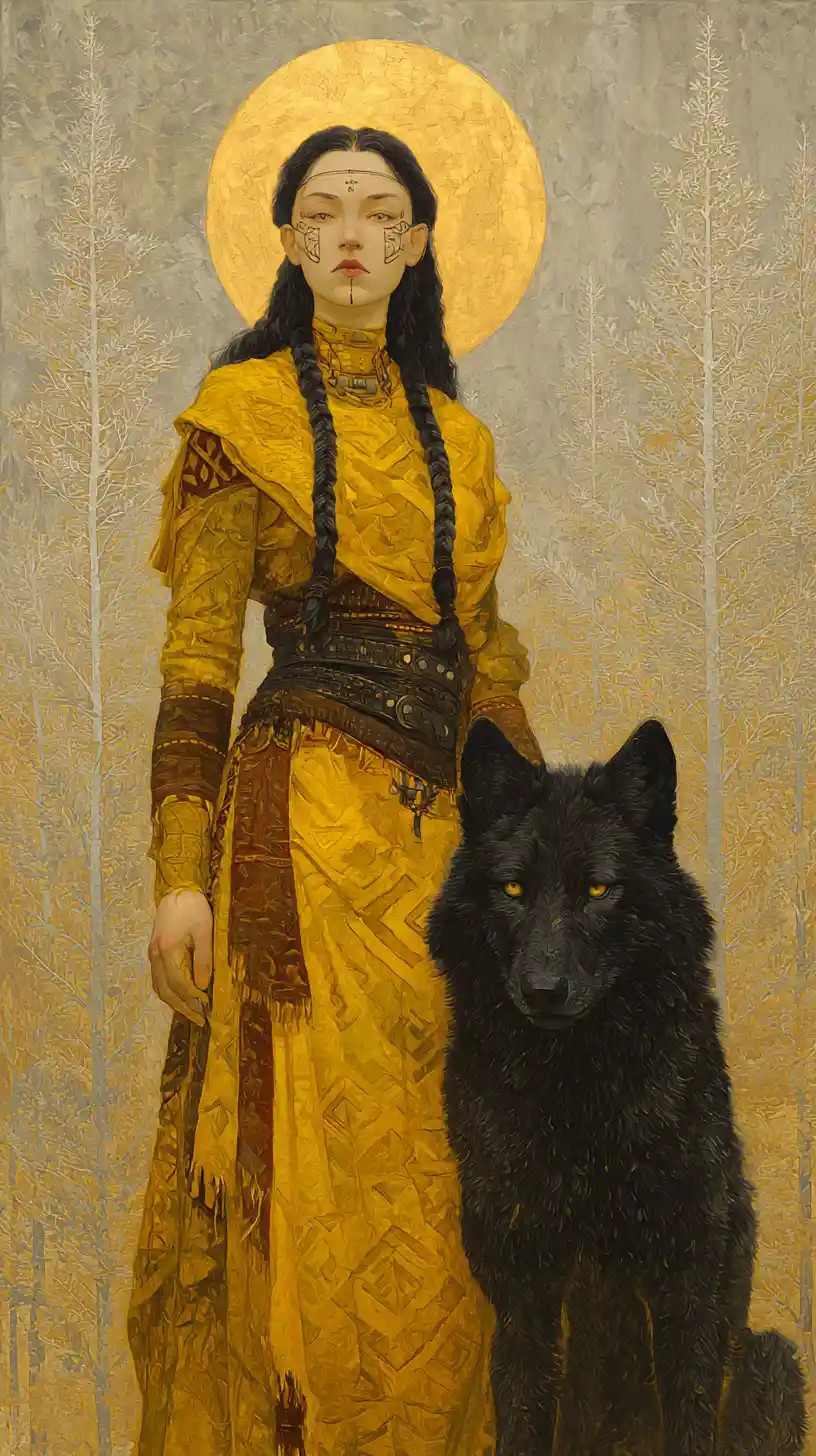 Warrior woman with black wolf under a luminous full moon