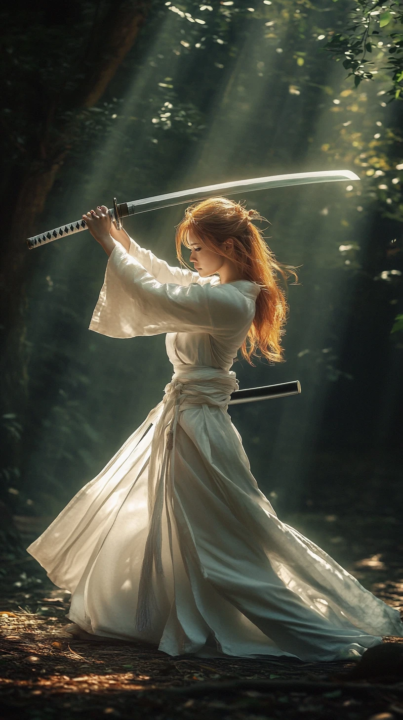 Warrior woman holding a Japanese sword in cinematic style