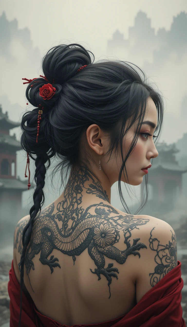 Asian woman with dragon tattoo and bound hands at temple
