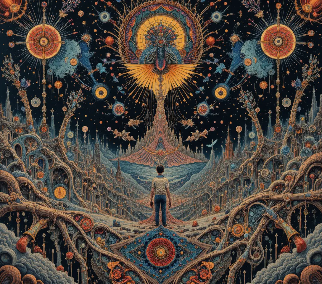 Psychedelische symmetrische Landschaft aus dichten abstrakten Mustern
