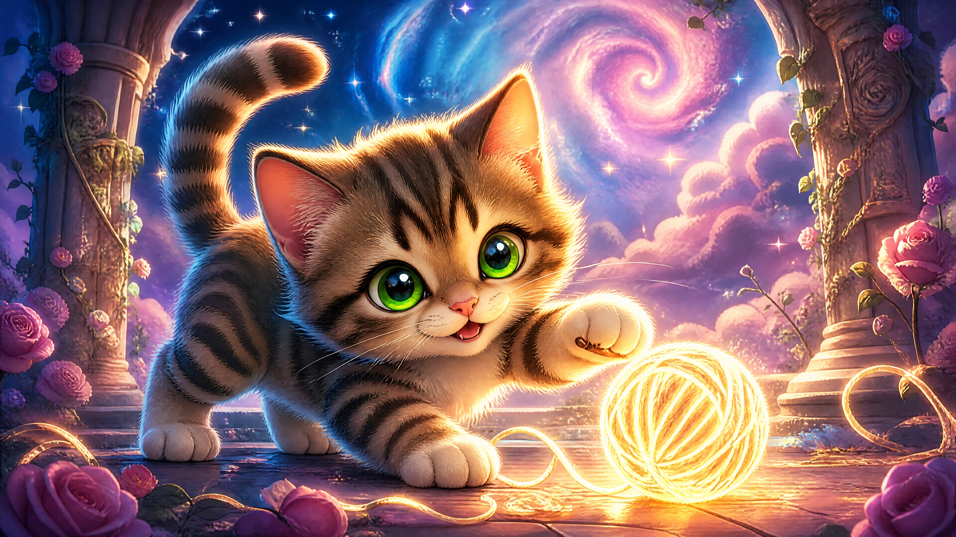 Cute cartoon tabby kitten playing with glowing yarn