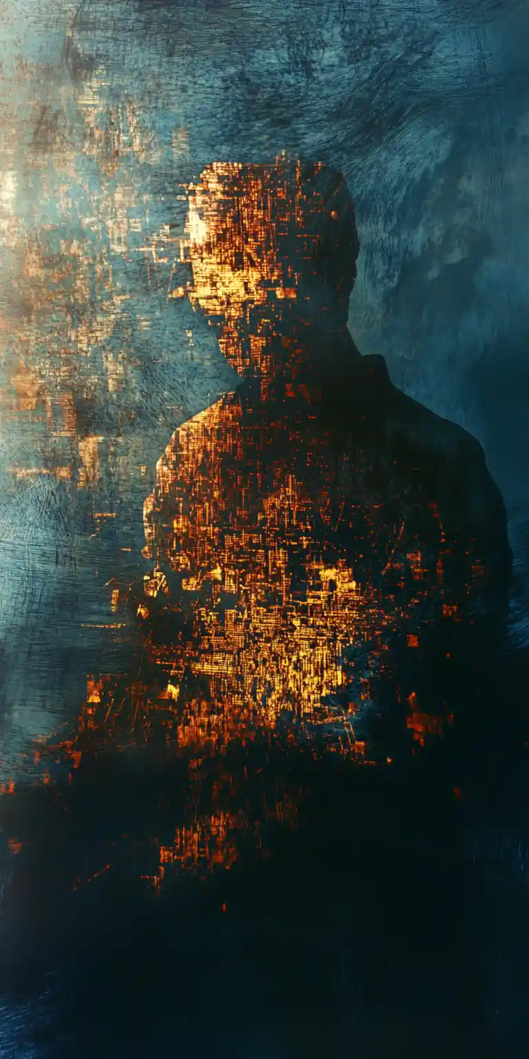 Figure resting in indigo twilight with geometric digital forms