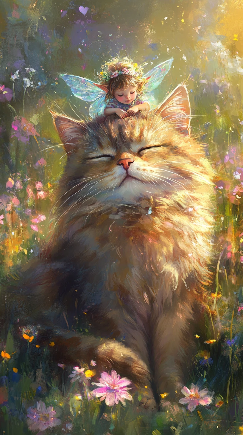 Sleeping Persian cat with playful fairy in flower meadow