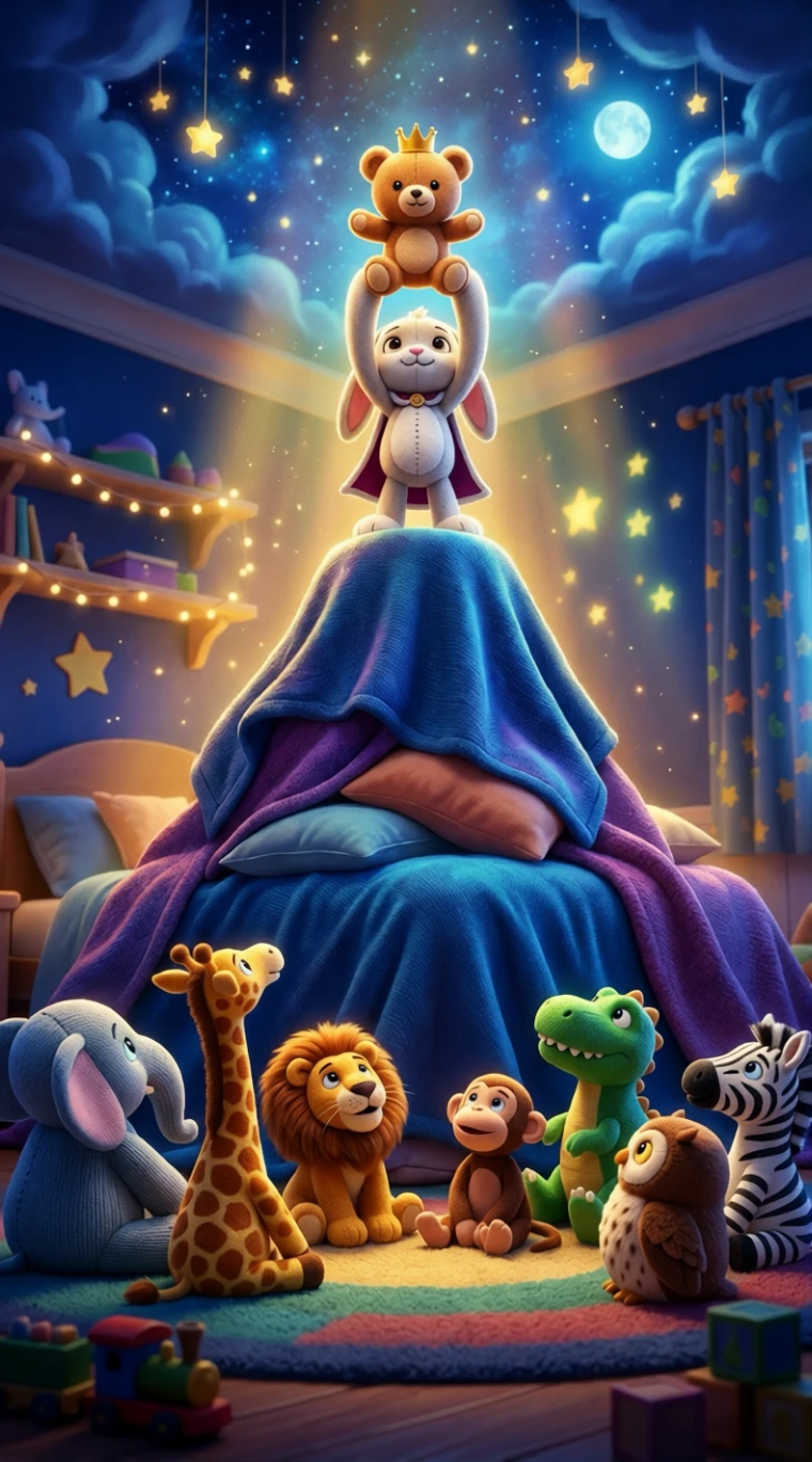 Plush rabbit crowns a tiny teddy king atop blanket mountain