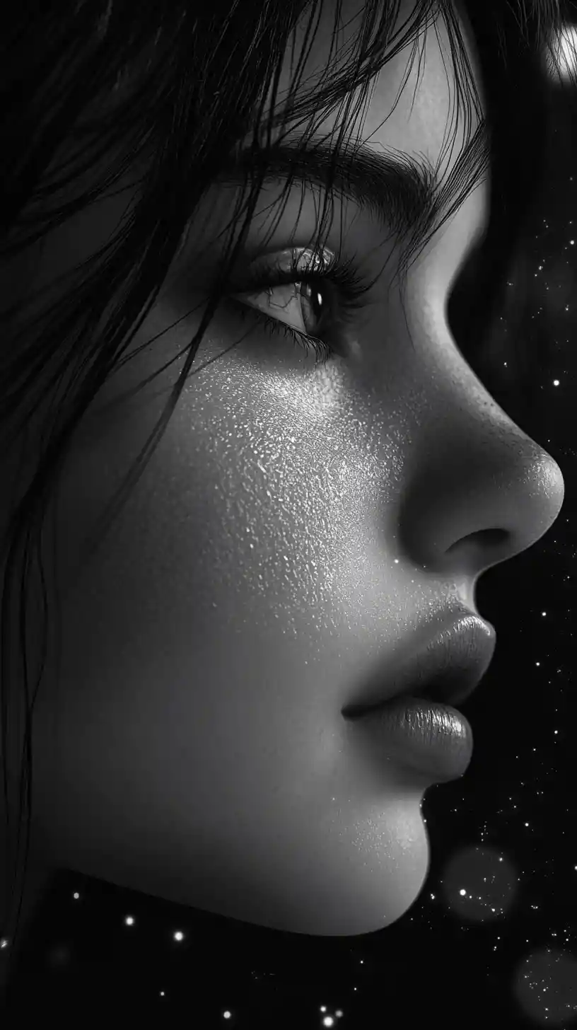 Pensive anime girl in grayscale bokeh close up portrait