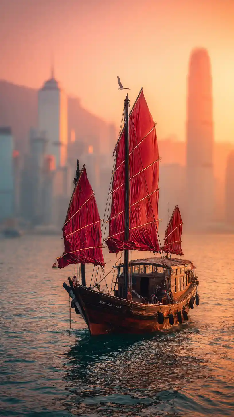 Hong Kong junk boat at sunset in front of city skyline