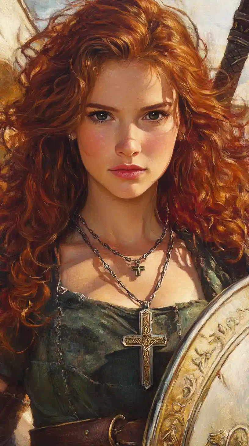 Red haired warrior woman with sword and shield